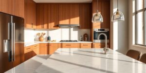 Modern kitchen with elegant Caesarstone countertops and natural lighting.